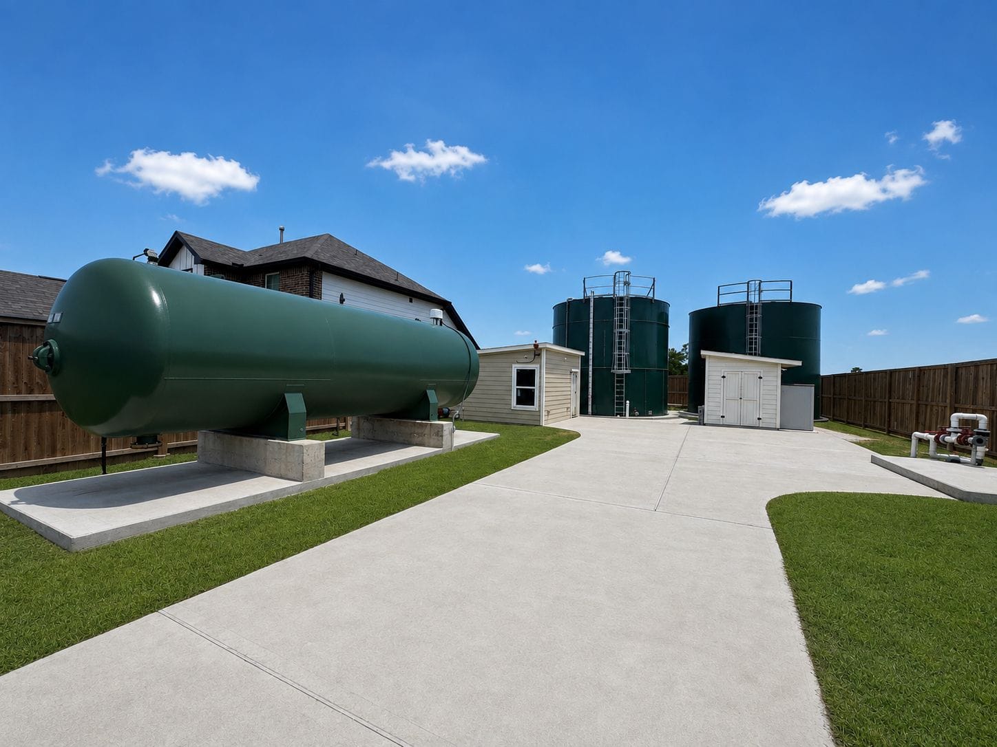 Two green bolted steel above-ground storage tanks with access ladders, a long green hydropneumatic pressure tank raised on concrete piers, and two small equipment buildings on a concrete pad, behind a wooden fence with a two-storey house directly beyond