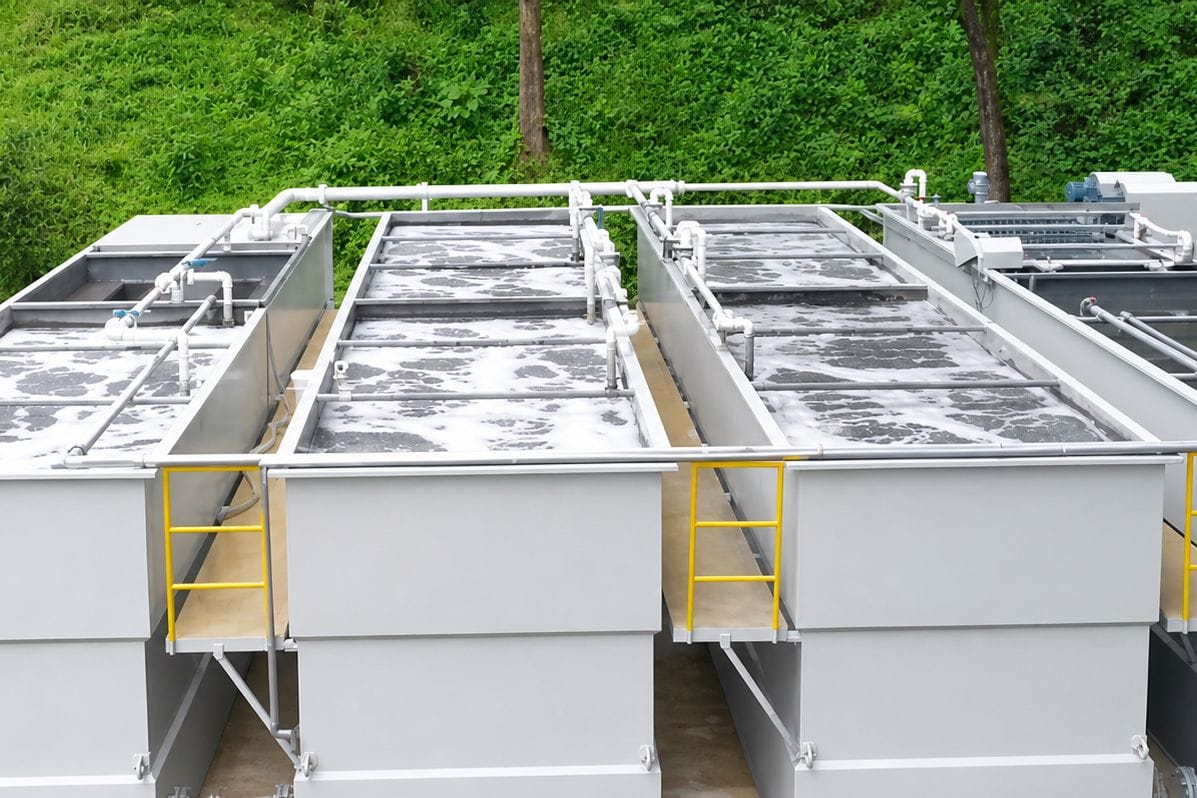 A row of rectangular steel aeration tanks with yellow-railed walkways between them, set on a concrete pad against a grass bank